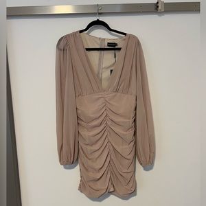 Pretty Little Thing Stone Mesh Ruched Balloon Sleeve Bodycon Dress Size